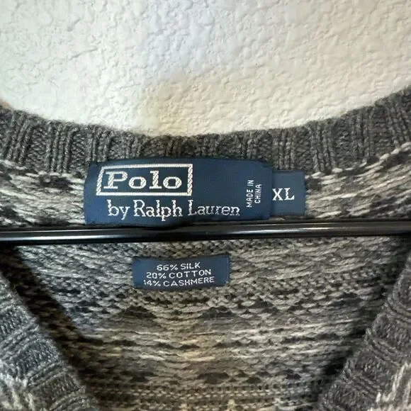 VTG Polo Ralph Lauren Sweater Gray Fair Isle Vest Silk Cashmere Cotton Mens XL